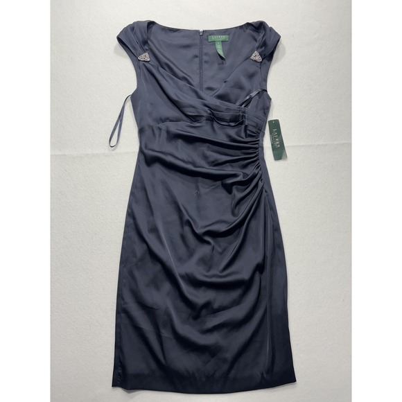 Lauren Ralph Lauren Dresses & Skirts - Lauren Ralph Lauren Evening Dress Womens 8 Blue Ruched Satin Sheath Knee Length